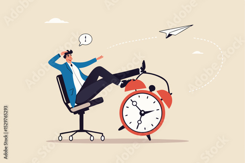 Productivity and efficiency in work, procrastination or time management or project deadline, best performance employee concept, smart relax businessman sitting on alarm clock launching paper airplane.