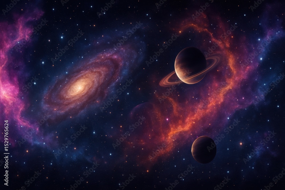 Obraz premium Breathtaking Cosmic Panorama Vibrant Nebulae Swirling Galaxies Distant Planets and Countless Stars in a Multicolored Tapestry of Outer Space Wonders