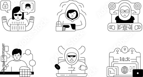 Cybersecurity threat vector icons set hacker phishing malware attack data breach protection security privacy editable stock vector illustration
