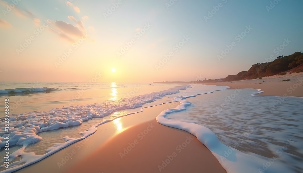 Fototapeta premium Waves Washing Ashore on Beach at Sunrise with Golden Light