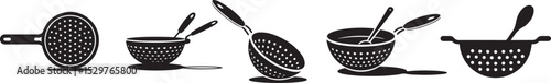 Black Silhouette icons of various kitchen colanders and mixing bowl showcasing different styles designs for 
food preparation and draining task Design showcasing