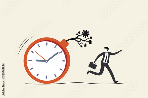 Time management, project deadline countdown or problem or trouble to deliver or launch product concept, fearful businessman running away from detonated time countdown bomb about to explode.