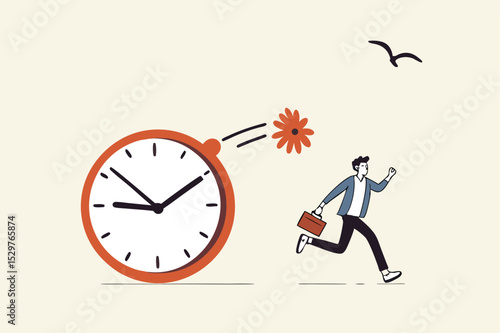 Time management, project deadline countdown or problem or trouble to deliver or launch product concept, fearful businessman running away from detonated time countdown bomb about to explode.