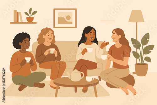 Diverse group of women friends chatting over tea at home. Female friendship and conversation concept. Girls sitting on sofa in cozy living room. Multiracial community support.