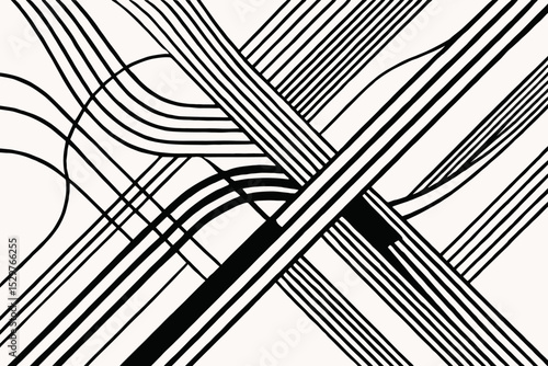 Monochrome abstract background with intersecting lines. Concept of connection, network, technology, pathway, and communication. Complex geometric pattern with flowing dynamic stripes.
