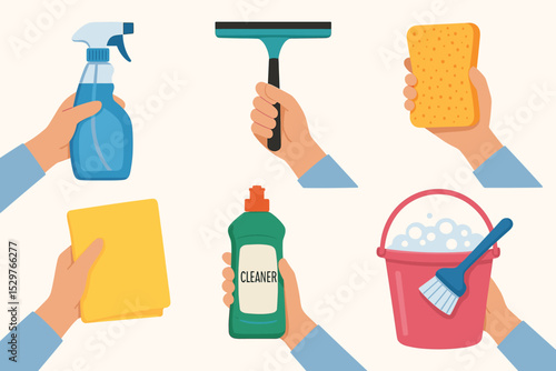 Hands holding cleaning supplies set. Vector flat illustration of housework tools: spray, squeegee, sponge, rag, cleaner bottle, bucket with soap foam. Hygiene janitorial concept.