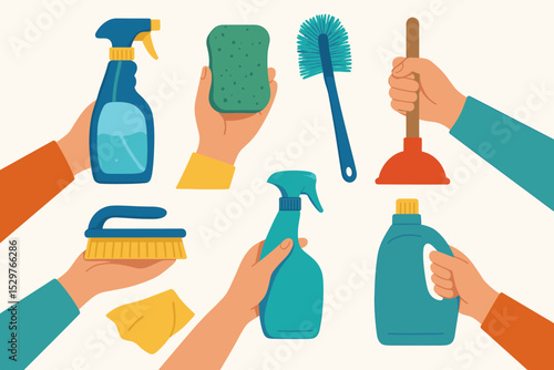 Hands holding cleaning supplies vector set. Housekeeping and domestic chores concept. Collection of tools like spray bottle, sponge, brush, plunger for hygiene and sanitation.
