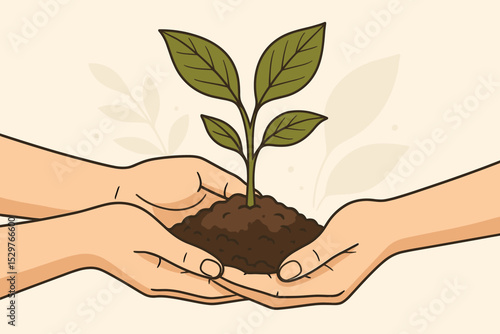 Hands holding plant sapling in soil. Nurturing growth concept. Ecology and environment conservation. Sustainable development. Metaphor for business growth, investment, ESG, and hope.