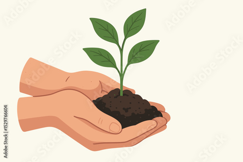 Nurturing hands holding a green sprout with soil. Concept of growth, new life, and hope. Metaphor for environment, sustainability, agriculture, and business startup investment.