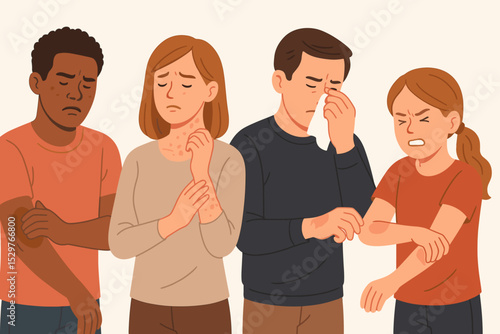 Diverse people suffering from allergy symptoms like itchy skin and rash. Characters scratching irritated skin with eczema, atopic dermatitis, urticaria. Medical vector illustration.