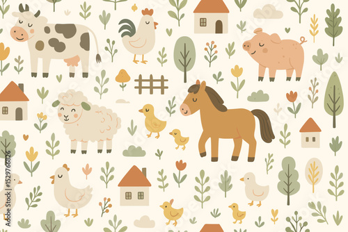 Scandinavian farm animals seamless pattern. Cute childish background with cow, pig, sheep, horse, chicken, duck. Vector texture for nursery wallpaper, kids textile, baby decor.