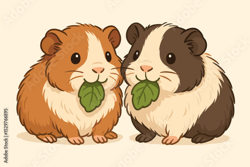 Two adorable guinea pigs eating leaves. Cute kawaii cartoon vector of rodent friends. Chubby fluffy pet animals sharing food. Concept of friendship and companionship. Happy pets.