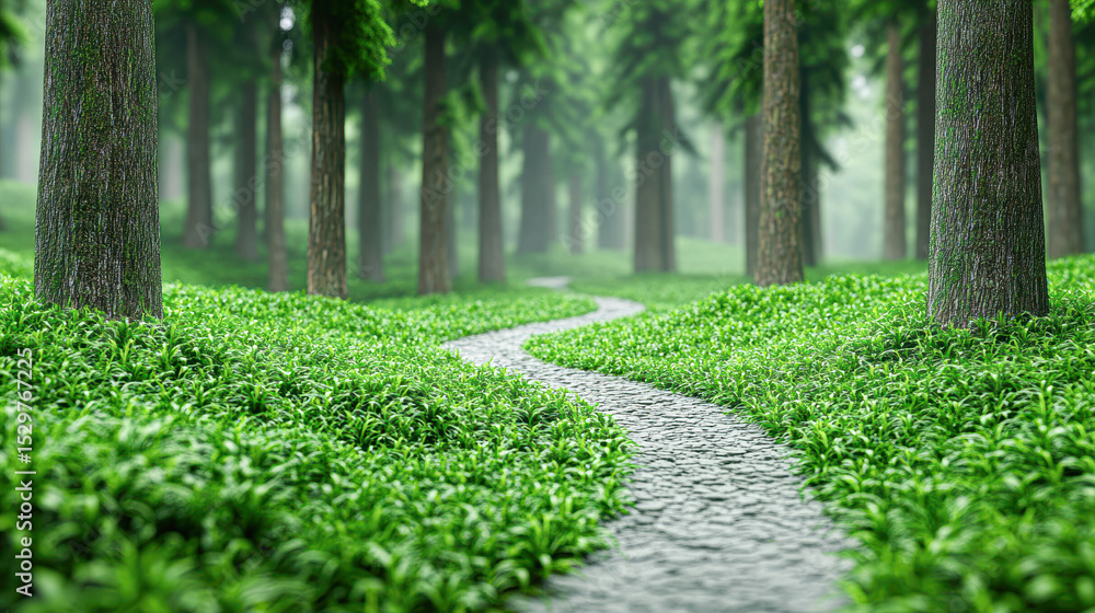 Obraz premium A path through a forest with trees on either side