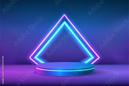 3d render of a neon stage podium with triangle glowing lights for product display