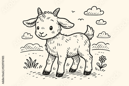 Cute baby goat doodle illustration in a hand-drawn sketch style. Adorable happy farm animal character standing in a pasture with clouds. Funny lamb or kid for a coloring book page.
