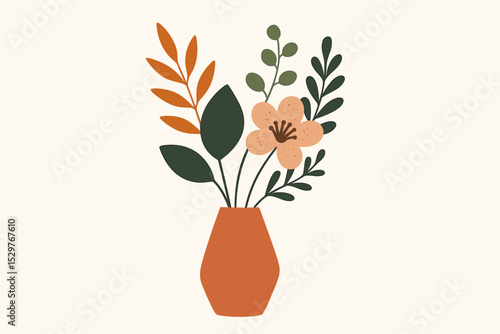 Abstract bouquet of flowers and leaves in a terracotta vase. Modern botanical illustration in a flat, minimalist style. Geometric plant art in earthy tones for home decor poster.