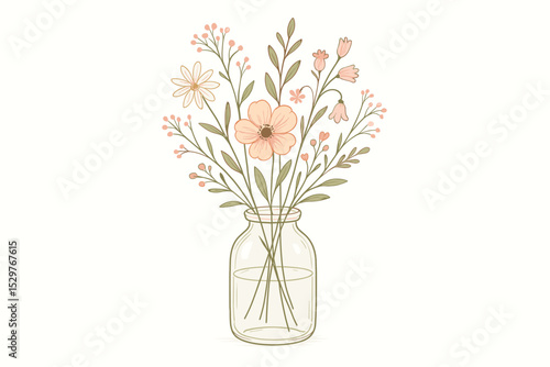 Wildflower bouquet in glass jar vector illustration. Hand drawn botanical line art. Minimalist floral posy in vase. Vintage rustic nature doodle for greeting card or decor.