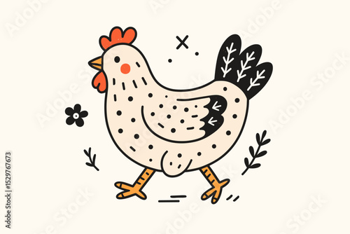 Cute hen doodle in Scandinavian folk art style. Whimsical chicken walking illustration. Hand-drawn farm bird for organic design. Naive rustic animal character with floral elements.