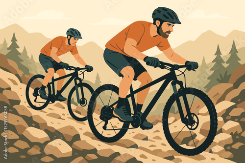 Mountain biking vector illustration. Two cyclists riding downhill on a challenging rocky mountain trail. Extreme MTB sport, outdoor activity and adventure lifestyle concept.