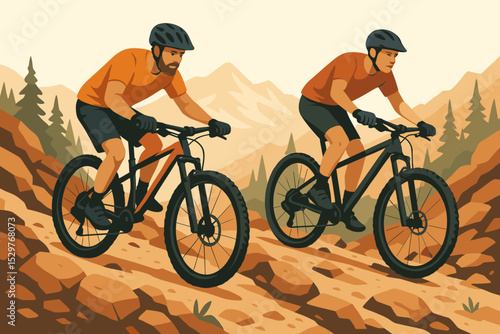 Two men on mountain bikes riding downhill on a rocky trail. Extreme sport and outdoor adventure concept. Cyclists racing in nature landscape. Vector illustration of biking competition.