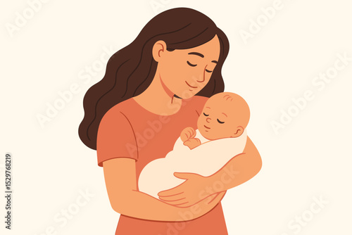 Loving mother embraces sleeping newborn baby. Gentle parenting and maternity concept. Woman hugging her infant child. Family care and love. Happy Mothers Day vector illustration.