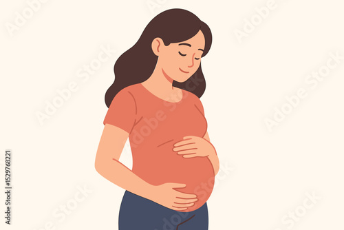 Happy pregnant woman holding her belly. Illustration of a mother-to-be. Maternity and motherhood concept. Expecting mom waiting for baby. Prenatal health and new life vector.