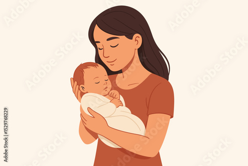 Mother holding newborn baby in a tender embrace. Loving mom and sleeping infant illustration. Concept of motherhood, parental care, family love, and gentle parenting. Vector art.