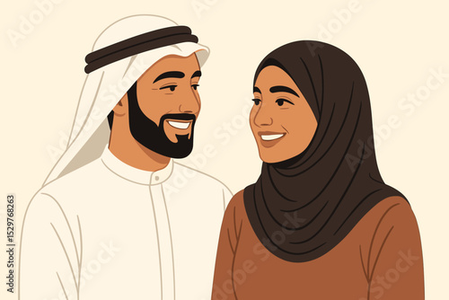 Happy Muslim couple in love, vector illustration. Arab man in traditional thobe and ghutra and woman in hijab smiling. Middle Eastern family portrait. Husband and wife relationship.