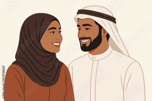 Happy smiling Muslim couple in love. Arab man and woman in traditional clothes. Woman in hijab, man in keffiyeh. Middle Eastern family portrait. Islamic culture vector illustration.
