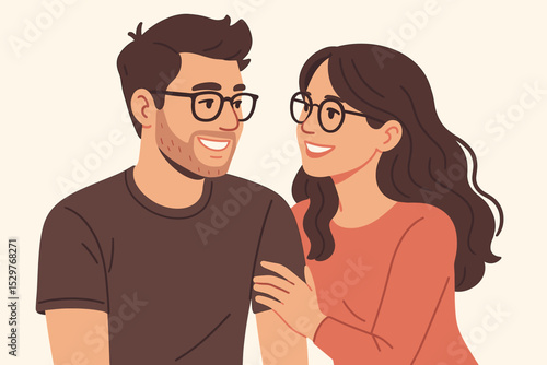 Happy young couple in glasses smiling at each other. Vector illustration of a loving relationship. Man and woman portrait. Concept of love, affection, togetherness, and dating.