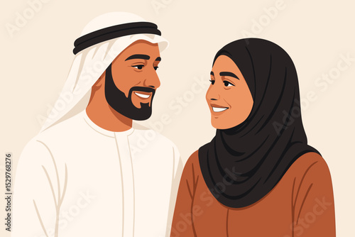 Happy young Muslim couple in love looking at each other. Arab man in keffiyeh and woman in hijab. Islamic family vector illustration. Middle Eastern relationship and marriage concept.