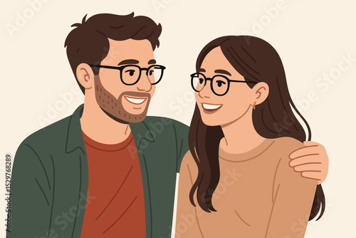 Happy young couple in love smiling and hugging. Man and woman in glasses in a romantic relationship. Vector illustration of a partnership and support. Boyfriend and girlfriend.