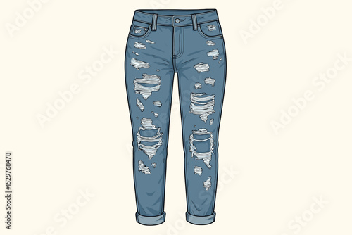 Ripped blue denim jeans vector illustration. Stylish modern boyfriend jeans with torn holes. Casual fashion apparel garment sketch. Isolated trendy women's pants with cuffs.
