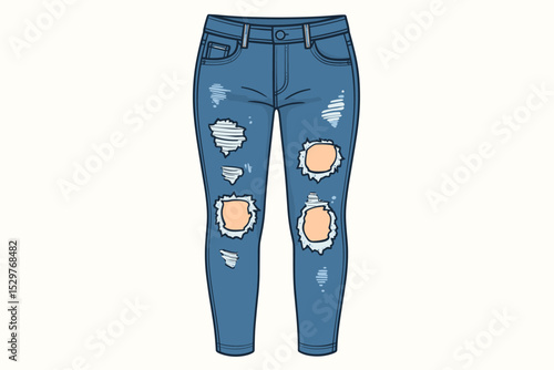 Ripped blue denim jeans vector illustration. Stylish skinny fit pants with holes. Trendy distressed or torn modern casual fashion apparel. Female clothing design element isolated.