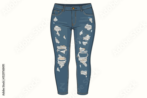 Ripped skinny jeans vector illustration. Women's blue denim pants fashion flat sketch. Technical drawing of distressed female trousers. Trendy casual clothing apparel mockup.