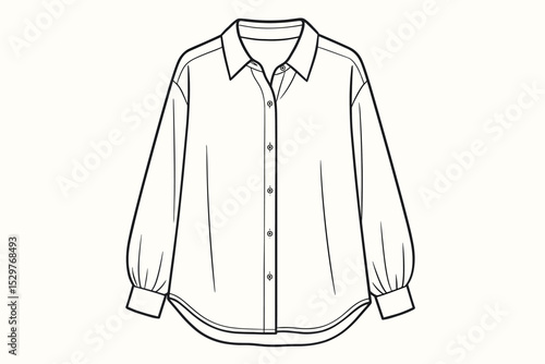 Women's oversized blouse with long sleeves fashion flat sketch. Technical drawing vector illustration. Apparel garment template. Clothing design outline for manufacturing or coloring.