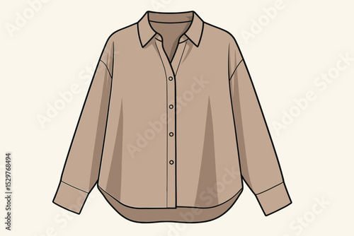 Women's oversized long sleeve shirt vector illustration. Fashion flat technical sketch of a beige button-down blouse. Casual apparel garment template. Clothing design mockup.