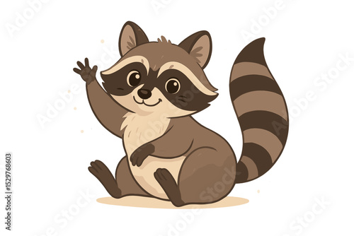 Cute raccoon cartoon character waving hello. Friendly woodland animal mascot sitting and smiling. Vector illustration isolated on white background for kids, nursery, and design.