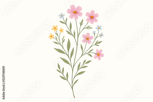 Wildflower bouquet illustration with delicate pastel flowers. Botanical art drawing of a floral branch with pink cosmos, blue forget-me-nots and yellow blossoms. Elegant vector.