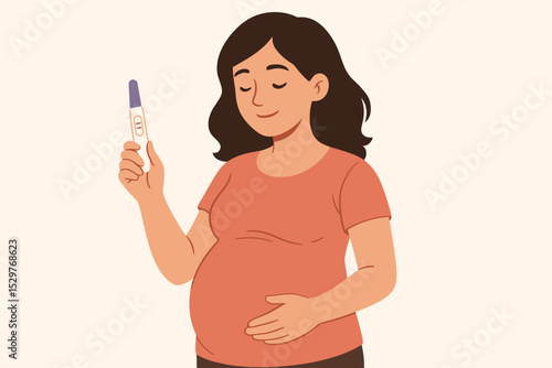 Positive pregnancy test result concept. Happy expectant mother holding a test with two lines and touching her belly. Vector illustration of maternity, fertility, and new life.