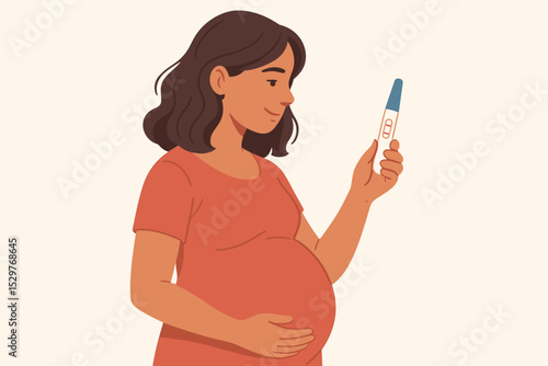 Happy pregnant woman holding a positive pregnancy test. Joyful expectant mother touching her belly. Concept of maternity, motherhood, fertility, new life, expecting a baby.