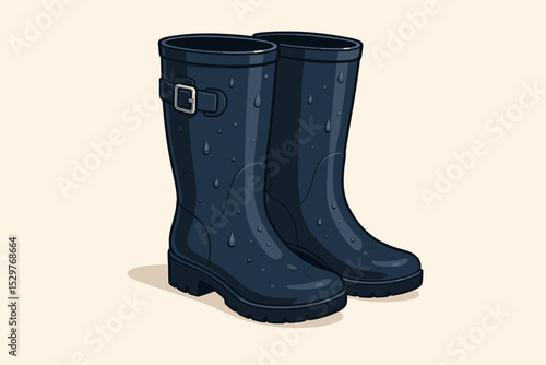 Stylish navy blue rain boots covered in water drops. Pair of waterproof Wellington gumboots for wet weather. Autumn season footwear concept. Outdoor fashion protection vector.