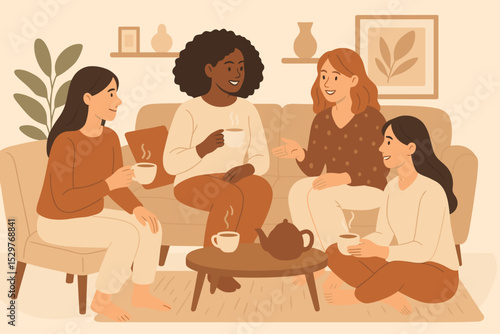 Group of diverse women friends talking and drinking tea at home. Cozy living room scene with people on a sofa. Concept of friendship, community, and support. Vector illustration.