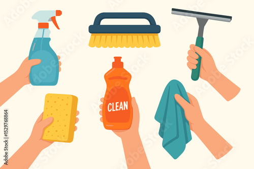 Vector set of cleaning supplies and household items. Hands holding detergent, spray, sponge, squeegee, cloth, brush. Concept of housekeeping, domestic chores, and professional cleaning service.