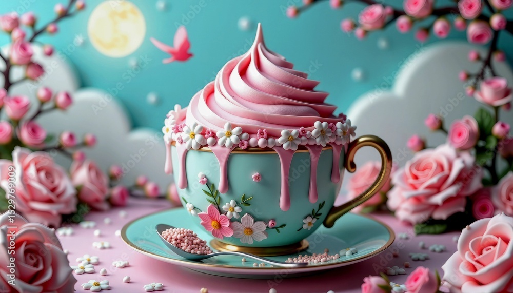 Decorative ice cream in a floral cup surrounded by roses and pastel colors Decorative ice cream in a floral cup surrounded by roses and pastel colors