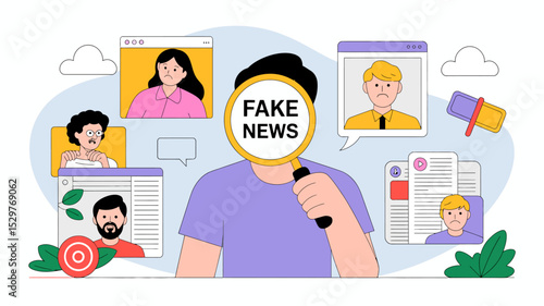 Detecting misinformation fake news with magnifying glass online media literacy and critical thinking skills editable stock vector illustration