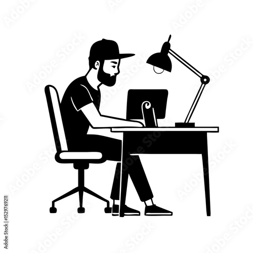 A minimalist side angle shot 2D logo design featuring a man with fade haircut a beard in a snapback hat, sitting at a desk and working on his computer. The man has a relaxed posture, and his desk is i