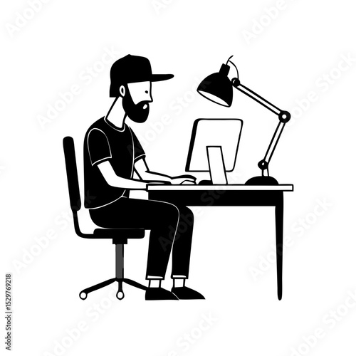 A minimalist side angle shot 2D logo design featuring a man with fade haircut a beard in a snapback hat, sitting at a desk and working on his computer. The man has a relaxed posture, and his desk is i