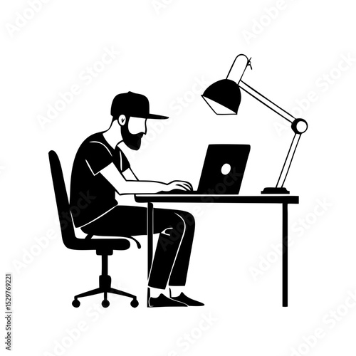 A minimalist side angle shot 2D logo design featuring a man with fade haircut a beard in a snapback hat, sitting at a desk and working on his computer. The man has a relaxed posture, and his desk is i