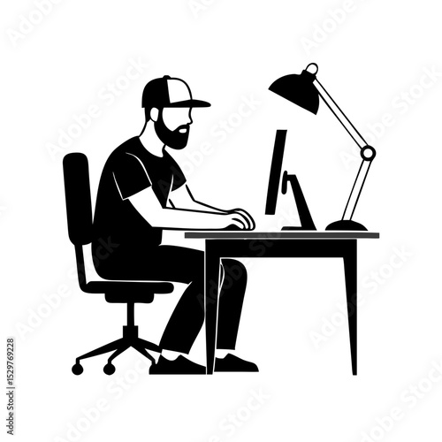 A minimalist side angle shot 2D logo design featuring a man with fade haircut a beard in a snapback hat, sitting at a desk and working on his computer. The man has a relaxed posture, and his desk is i